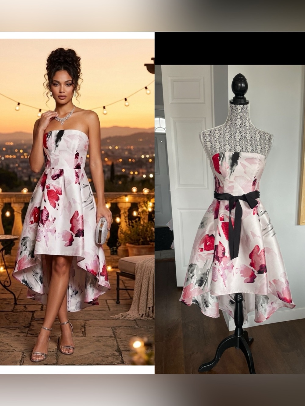 Vintage Strapless Satin High Low Fit and Flare Midi Dress. Pockets. XS.
